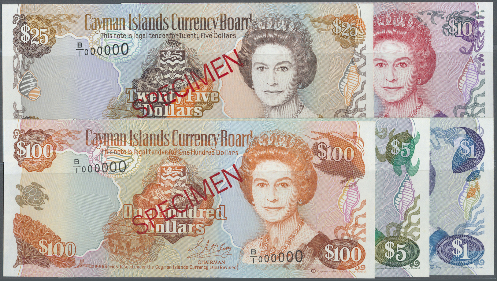 00514 Cayman Islands: Set Of 5 SPECIMEN Notes Containing 1, 5, 10, 25 And 100 Dollars 1996 SPECIMEN P. 16s-20s, All In C - Cayman Islands