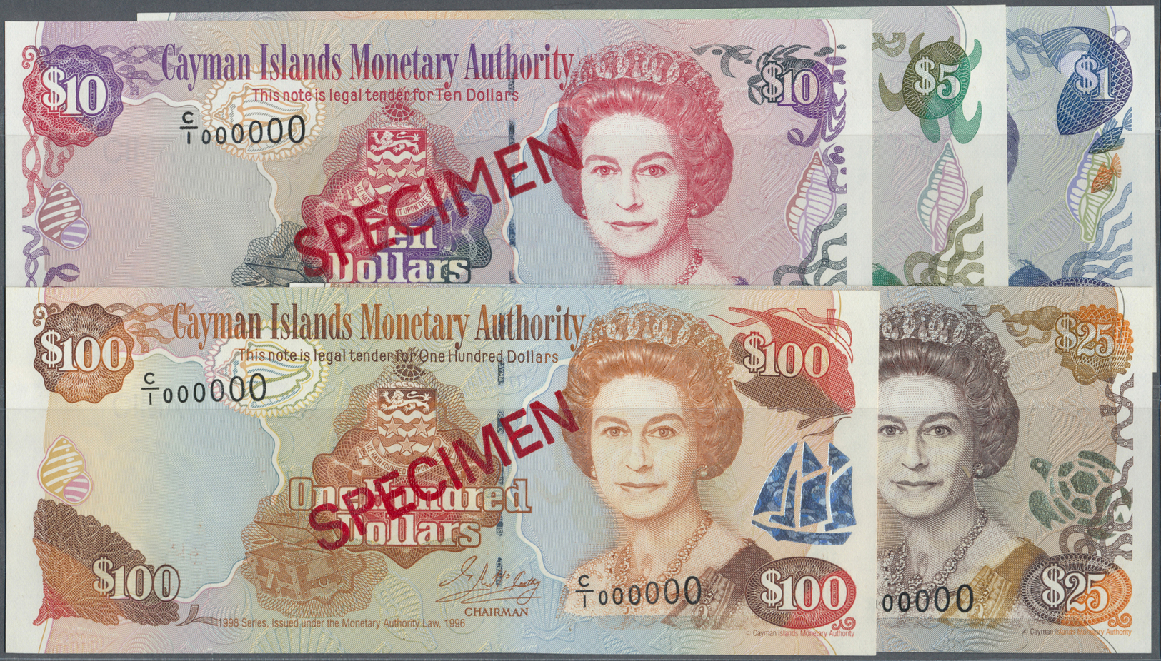 00516 Cayman Islands: Set Of 5 SPECIMEN Notes Containing 1, 5, 10, 25 And 100 Dollars 1998 SPECIMEN P. 21s-25s, All In C - Cayman Islands