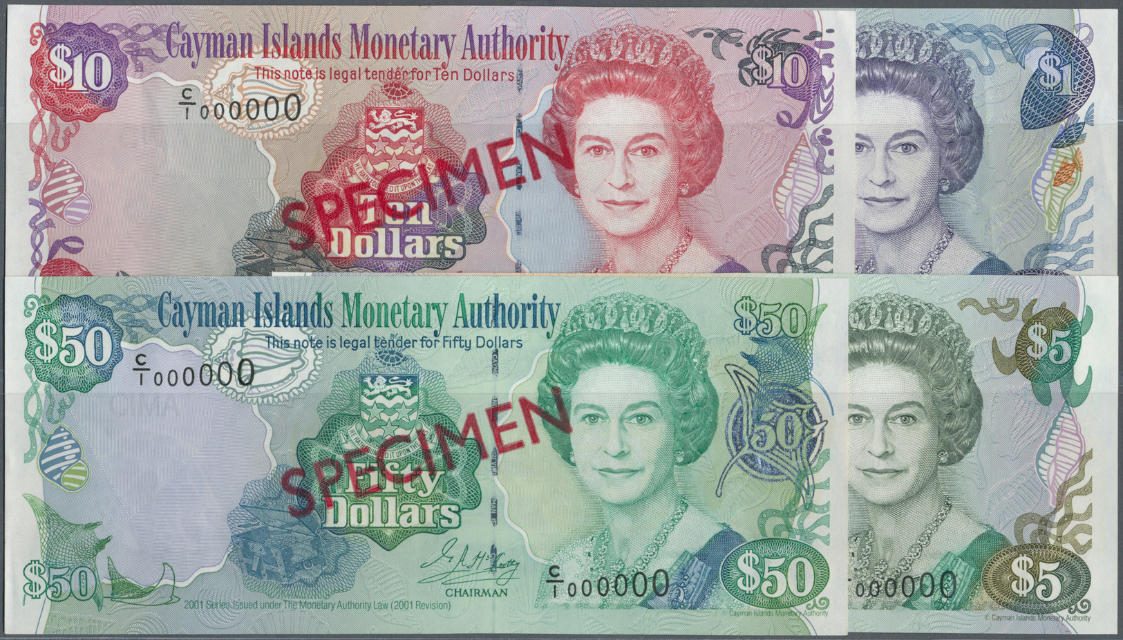 00517 Cayman Islands: Set Of 4 SPECIMEN Notes Containing 1, 5, 10 And 50 Dollars 2001 Specimen P. 26s-29s, The 1 Dollar - Cayman Islands