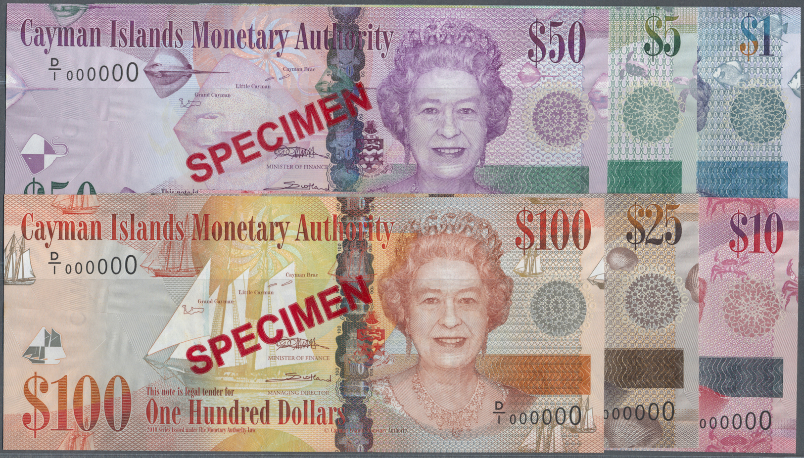 00520 Cayman Islands: Set Of 6 Specimen Banknotes Containing 1, 5, 10, 25, 50 And 100 Dollars 2010 Specimen P. 38s-43s, - Cayman Islands