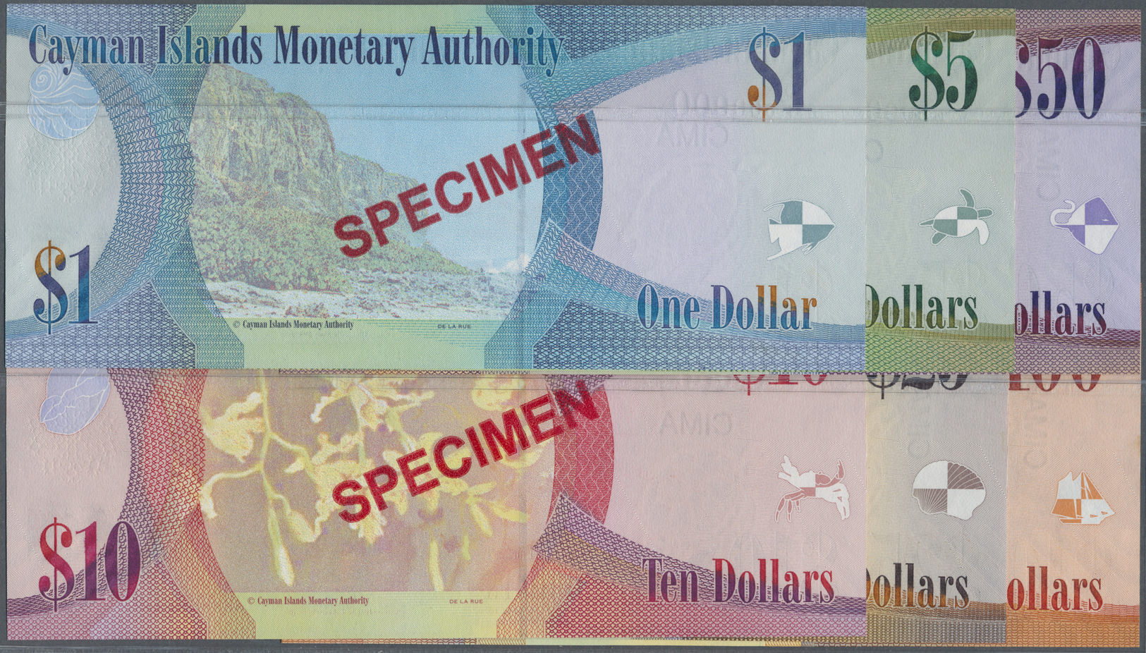 00520 Cayman Islands: Set Of 6 Specimen Banknotes Containing 1, 5, 10, 25, 50 And 100 Dollars 2010 Specimen P. 38s-43s, - Cayman Islands