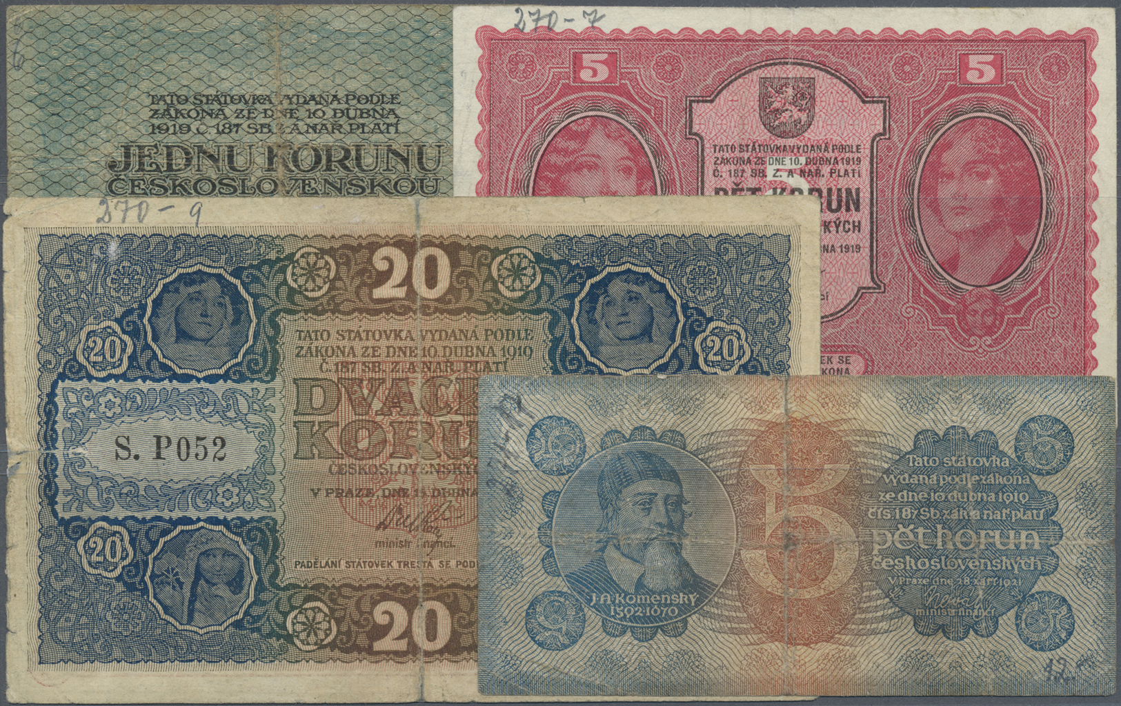 00629 Czechoslovakia / Tschechoslowakei: Set With 4 Banknotes Series 1919/1921 Comprising 1, 5 And 20 Korun 1919 In VG T - Czechoslovakia
