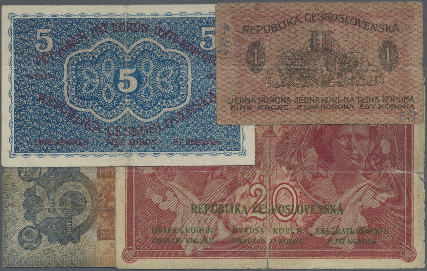 00629 Czechoslovakia / Tschechoslowakei: Set With 4 Banknotes Series 1919/1921 Comprising 1, 5 And 20 Korun 1919 In VG T - Czechoslovakia