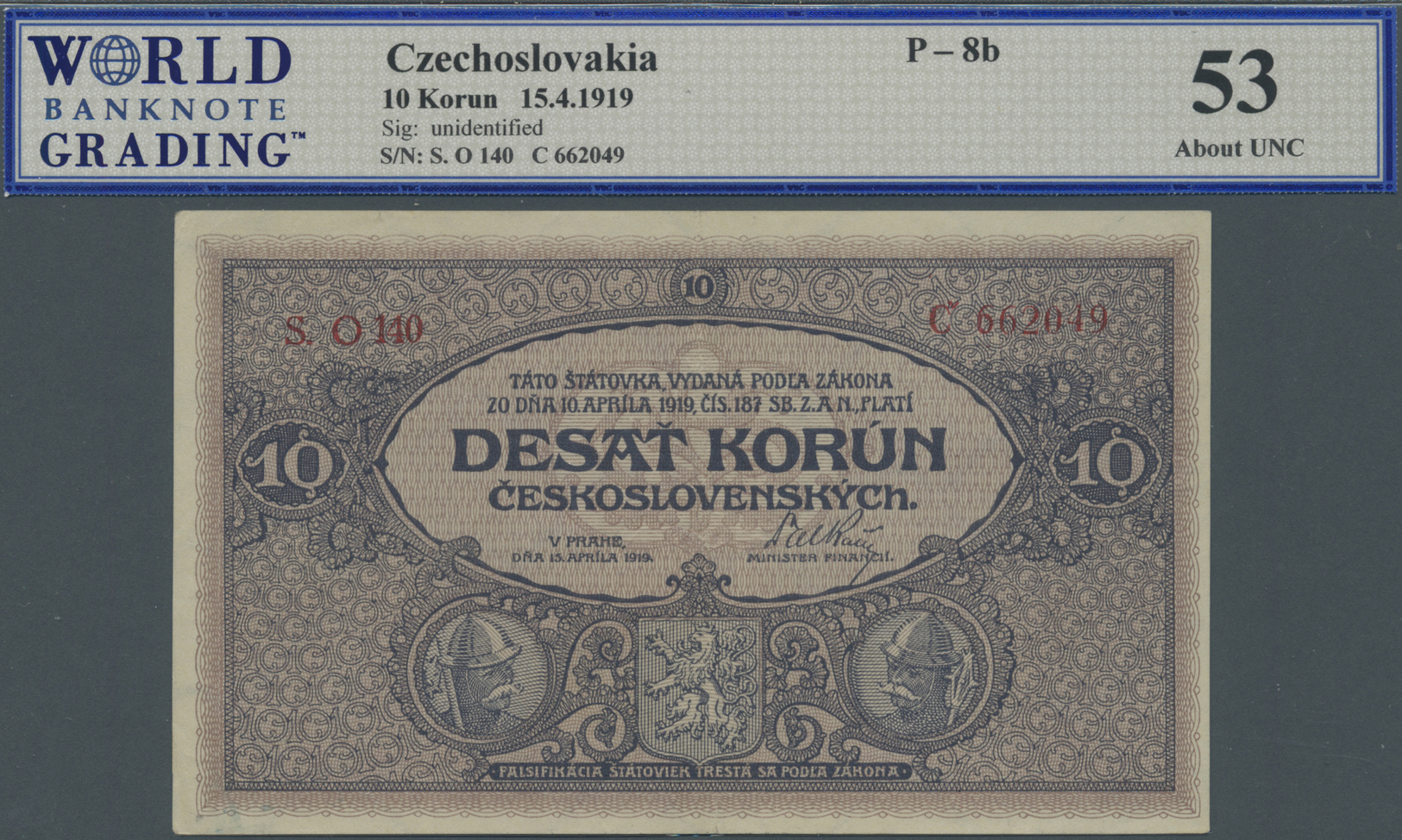 00631 Czechoslovakia / Tschechoslowakei: 10 Korun 1919 P. 8b, Graded By World Banknote Grading As 53 AUNC. - Czechoslovakia