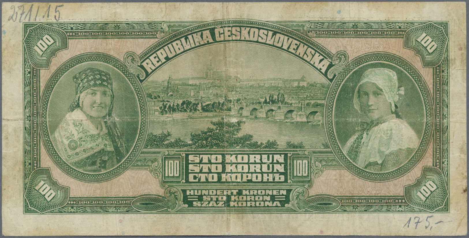00633 Czechoslovakia / Tschechoslowakei: 100 Korun 1920, P.17, Lightly Stained Paper With Several Folds, Tiny Hole At Ce - Czechoslovakia