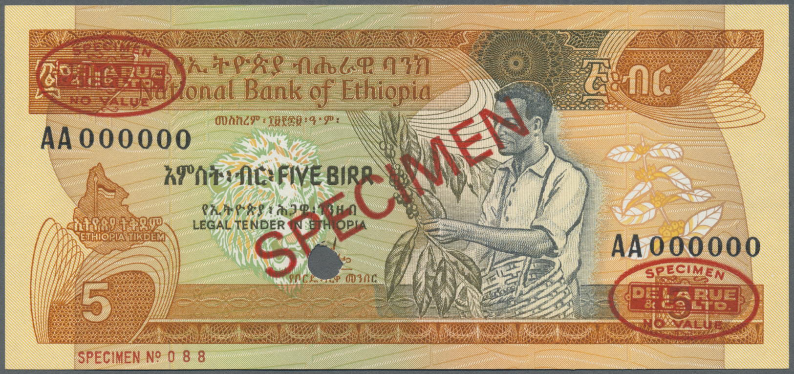 00738 Ethiopia / Äthiopien: 5 Birr 1991 Specimen P. 31as In Condition: UNC. - Ethiopia