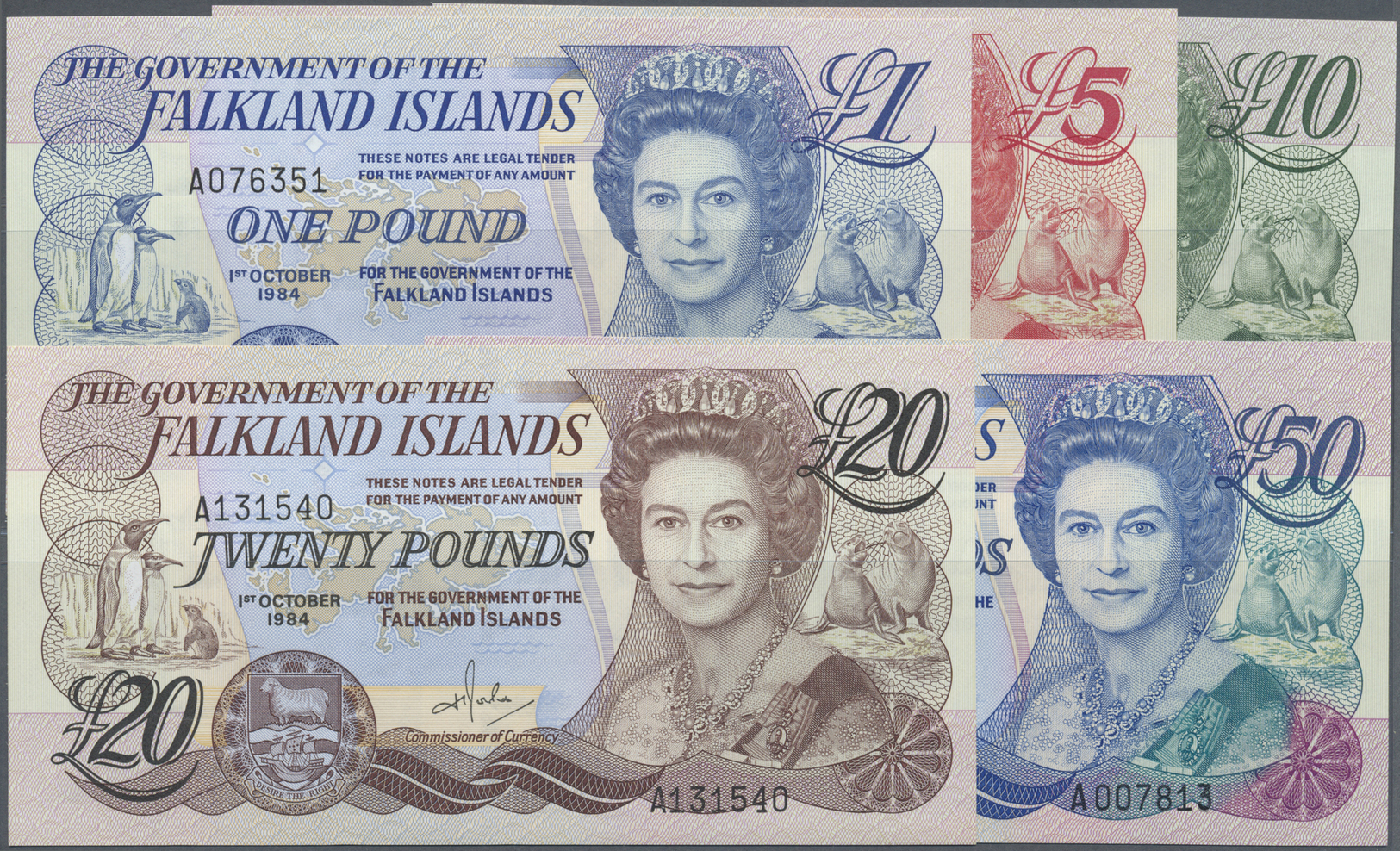 00760 Falkland Islands / Falkland Inseln: Set Of 5 Notes Containing 1, 5, 10, 20 And 50 Pounds 1983,84,86,90 P. 12-16, A - Falkland Islands