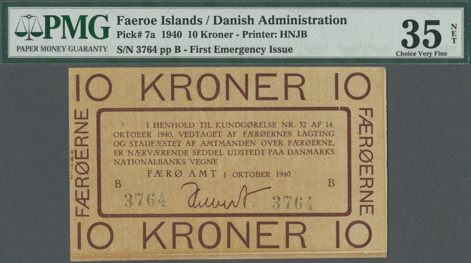 00740 Faeroe Islands / Färöer: 10 Kroner 1940 P. 7a, PMG Graded 35 Choice VF NET. - Faroe Islands