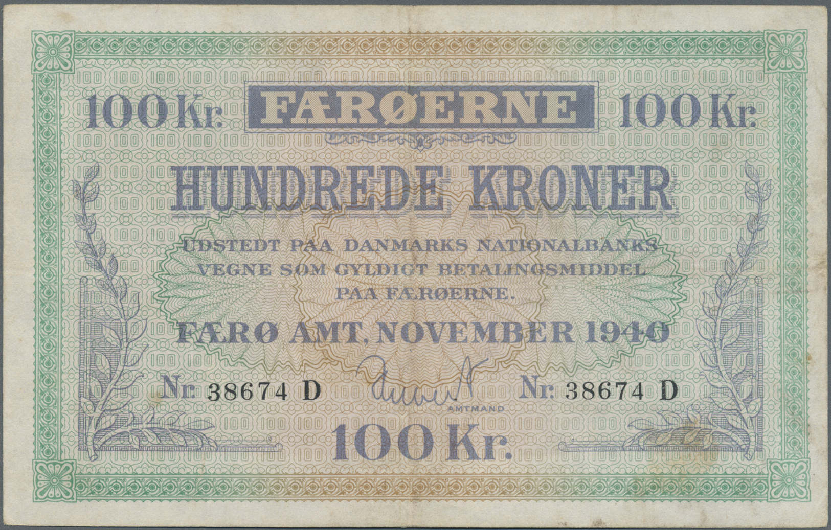 00742 Faeroe Islands / Färöer: 100 Kroner 1940 P. 12a, Rare Note, Used With Light Folds, No Holes Or Tears, No Repairs, - Faroe Islands