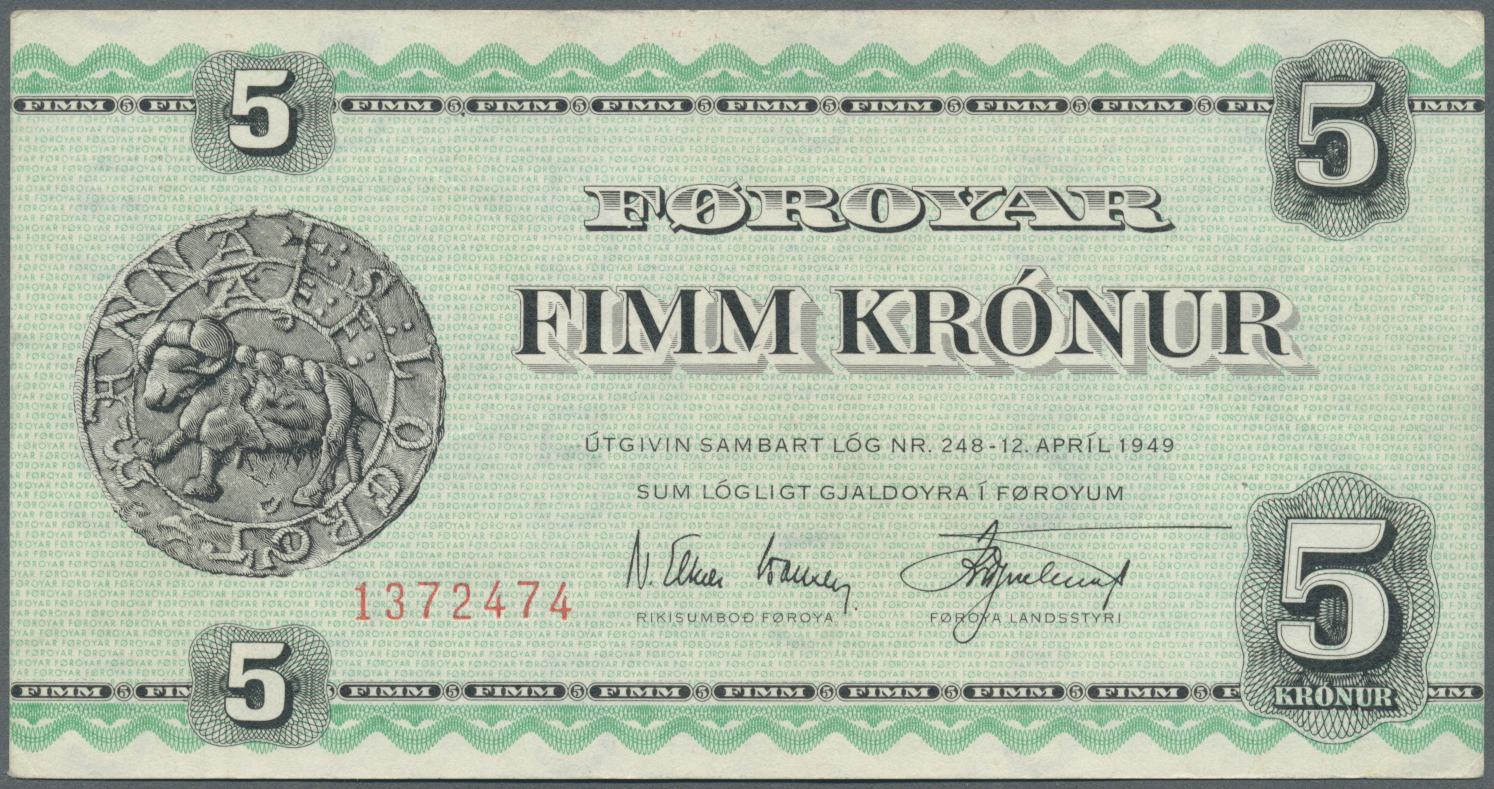 00743 Faeroe Islands / Färöer: 5 Kroner L.1949 P. 13b With Light Handling In Paper, Still Strong With Original Colors, C - Faroe Islands