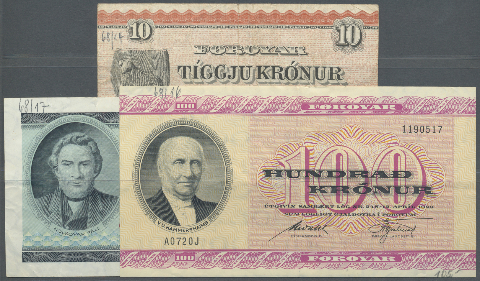 00744 Faeroe Islands / Färöer: Set With 3 Banknotes 10 Kronur ND(1954) P.14 (F), 50 Kronur 1967 P.17 (VF) And 100 Kronur - Faroe Islands