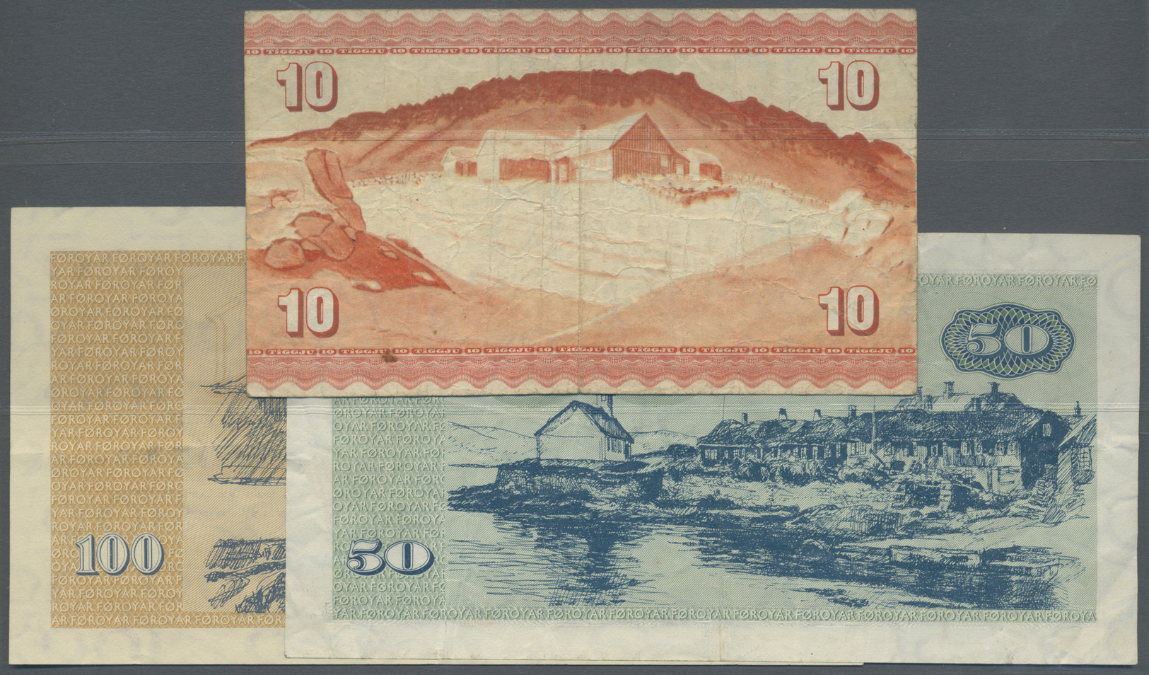 00744 Faeroe Islands / Färöer: Set With 3 Banknotes 10 Kronur ND(1954) P.14 (F), 50 Kronur 1967 P.17 (VF) And 100 Kronur - Faroe Islands