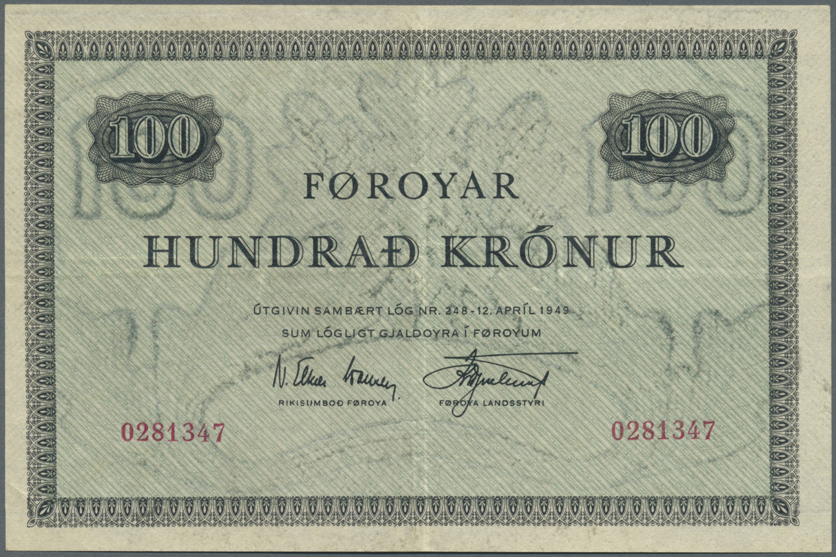 00745 Faeroe Islands / Färöer: 100 Kroner L.1949 P. 15b, Light Center Fold, Corner Folds And Handling In Paper, No Holes - Faroe Islands