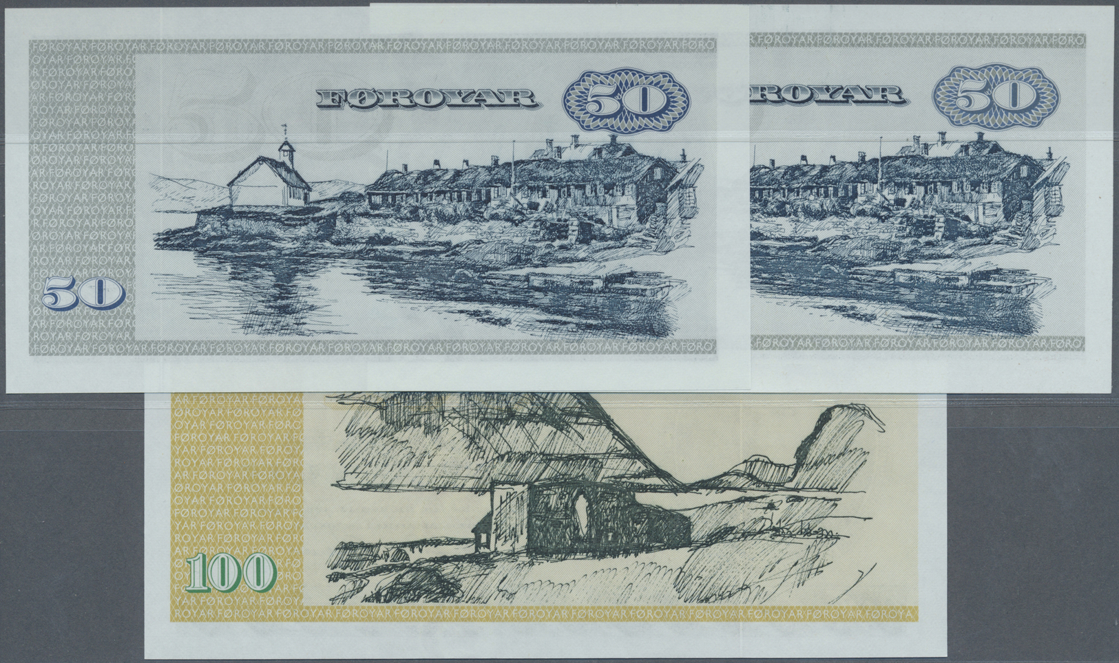 00746 Faeroe Islands / Färöer: Set Of 3 Notes Containing 50 Kronur 1987 P. 20c (UNC), 50 Kronur 1994 P. 20d (UNC), 100 K - Faroe Islands