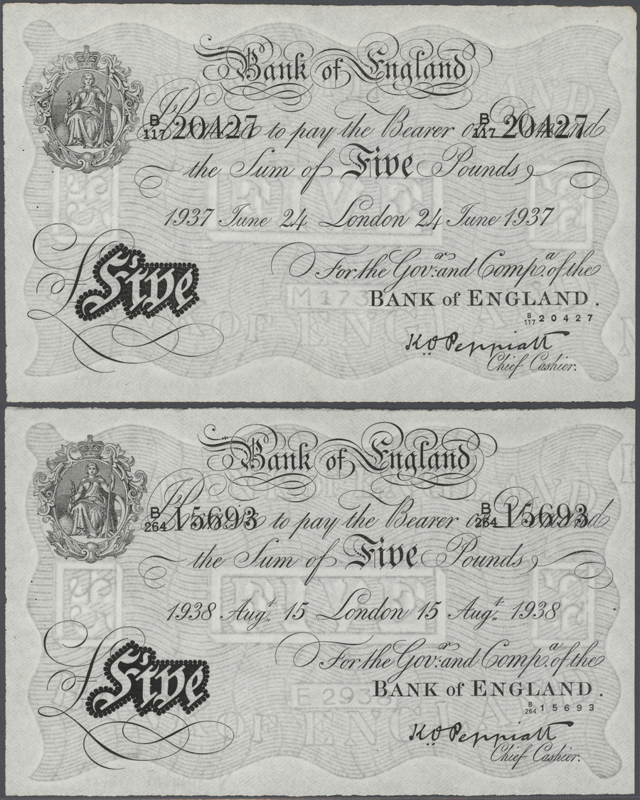 00907 Great Britain / Großbritannien: Pair With 5 Pounds 1937 And 5 Pounds 1938, Both So Called Bernhard Forgeries Durin - Other & Unclassified