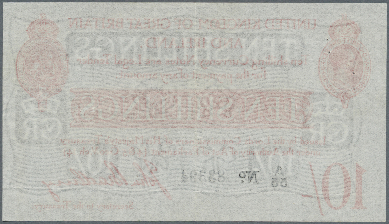 00909 Great Britain / Großbritannien: 10 Shillings ND P. 348, T12, 4 Tiny Pinholes At Upper Left, Light Vertical Folds, - Other & Unclassified