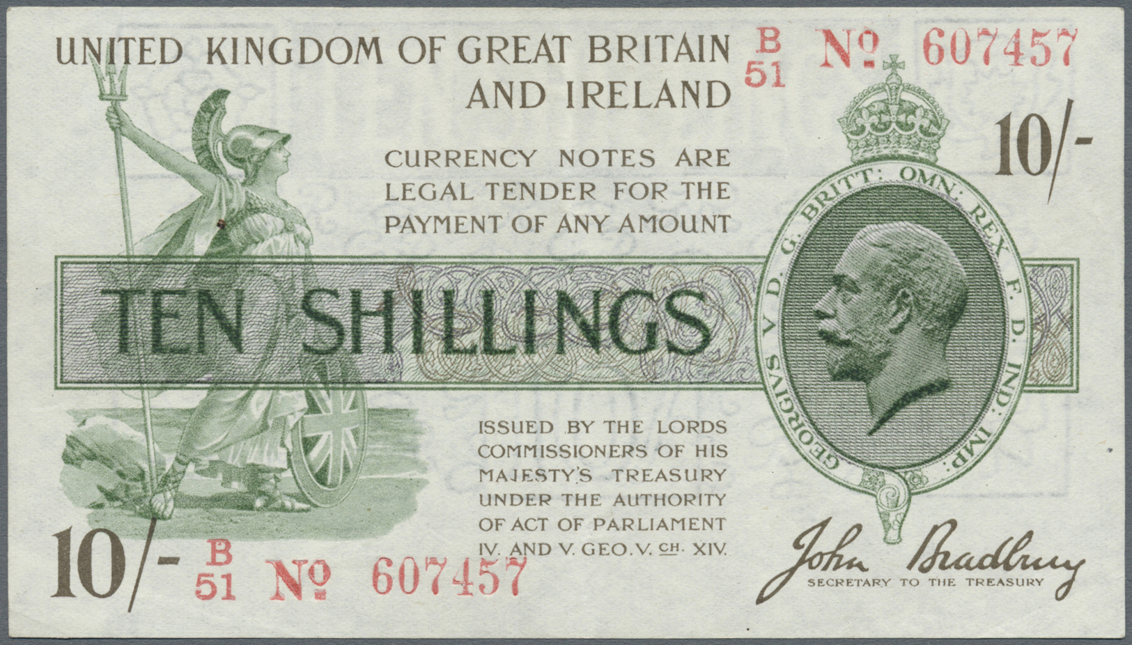 00910 Great Britain / Großbritannien: 10 Shillings "John Bradbury" 1918 P. 350, T20, Light Center Fold And Light Handlin - Other & Unclassified