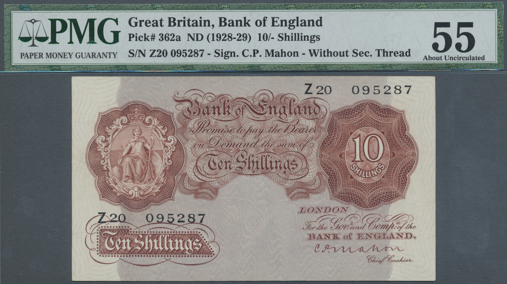 00914 Great Britain / Großbritannien: 10 Shillings ND(1928-29) P. 362a, First Prefix Z, Sign. Mahon, PMG Graded 55 AUNC. - Other & Unclassified