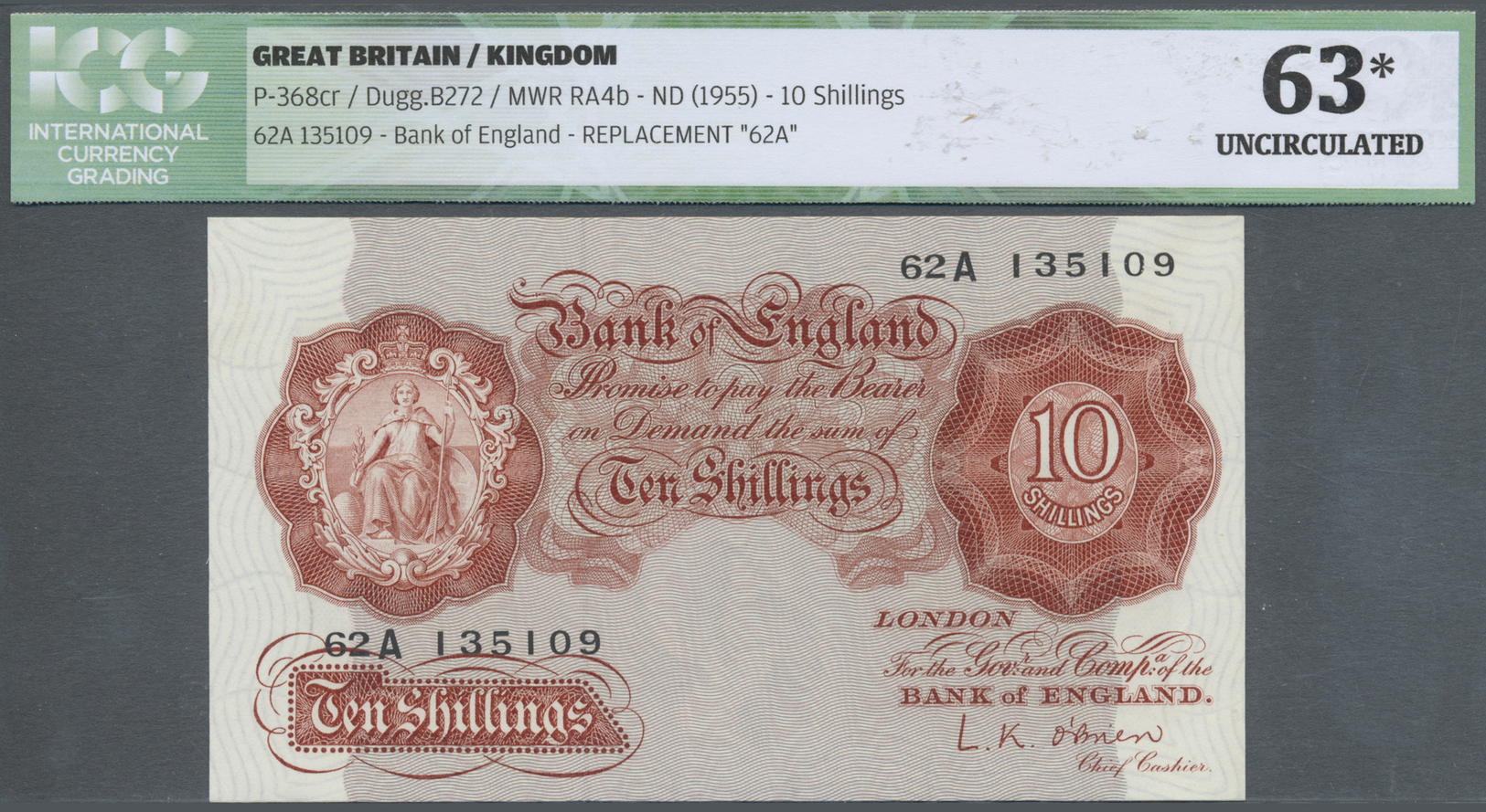 00915 Great Britain / Großbritannien: Set Of 2 Consecutive Notes 10 Shillings ND(1955) P. 368cr, Both ICG Graded 63* UNC - Other & Unclassified