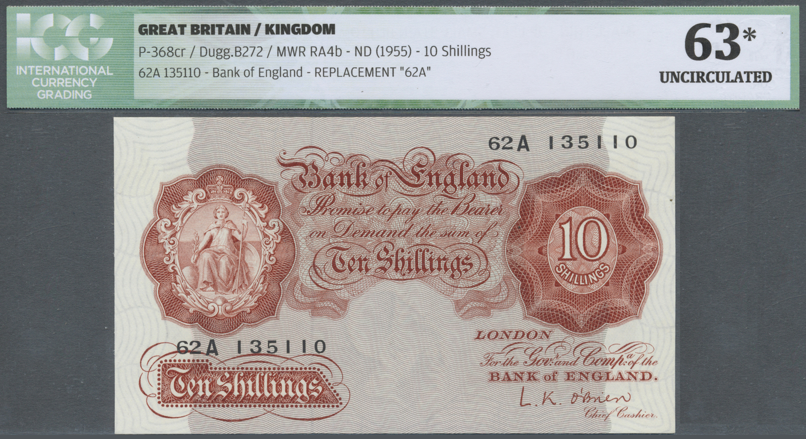 00915 Great Britain / Großbritannien: Set Of 2 Consecutive Notes 10 Shillings ND(1955) P. 368cr, Both ICG Graded 63* UNC - Other & Unclassified