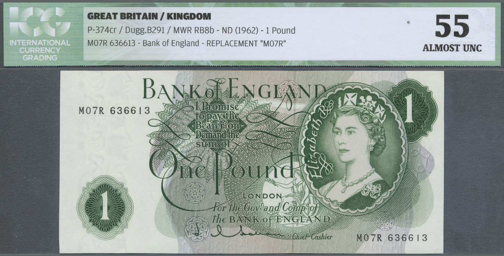 00917 Great Britain / Großbritannien: 1 Pound "Hollom" 1962 Replacement Prefix M07R P. 374cr, ICG Graded 55 AUNC. - Altri & Non Classificati