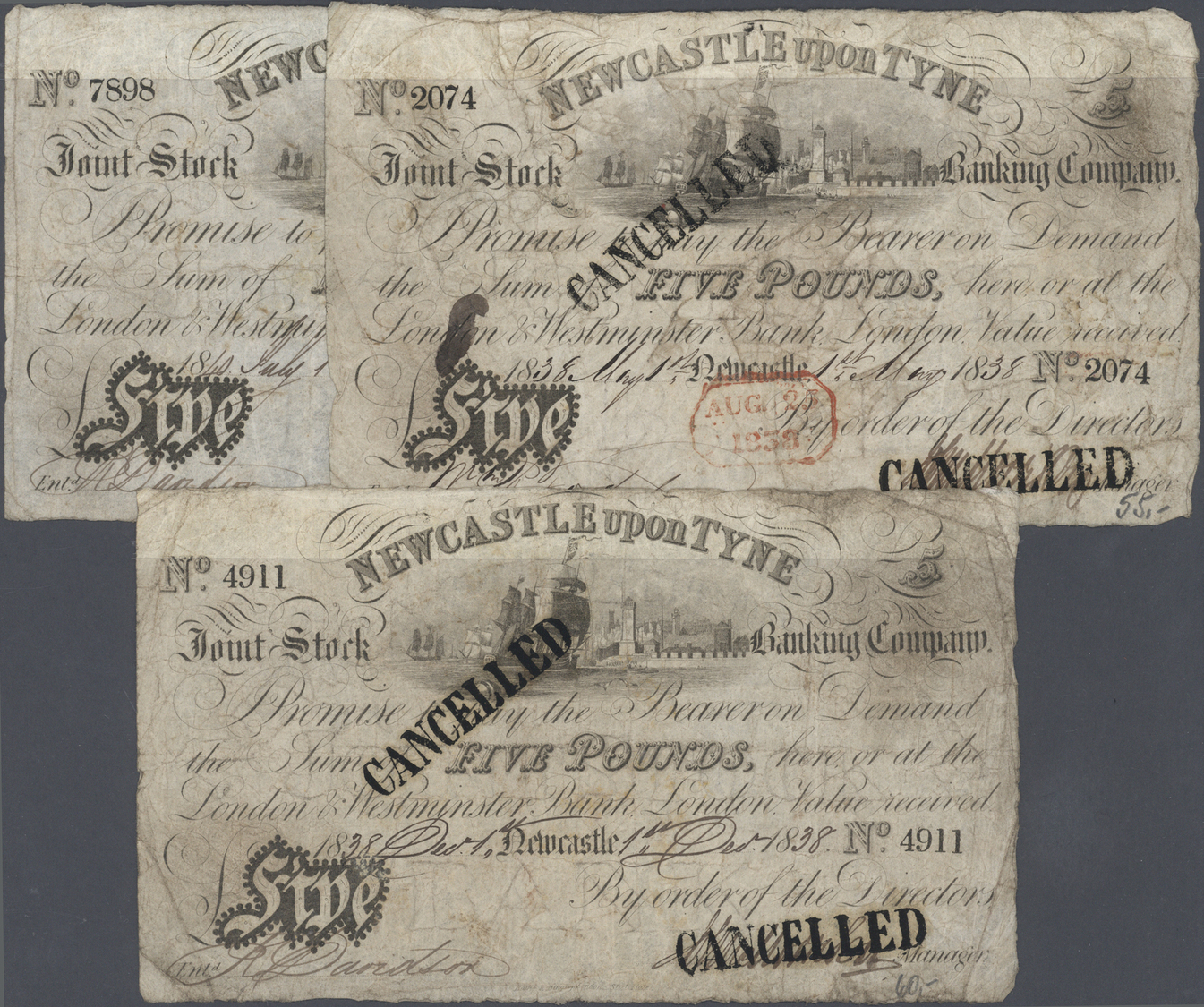00930 Great Britain / Großbritannien: Set With 3 Banknotes 5 Pounds Issued By The Newcastle Upon Tyne Banking Company, D - Other & Unclassified