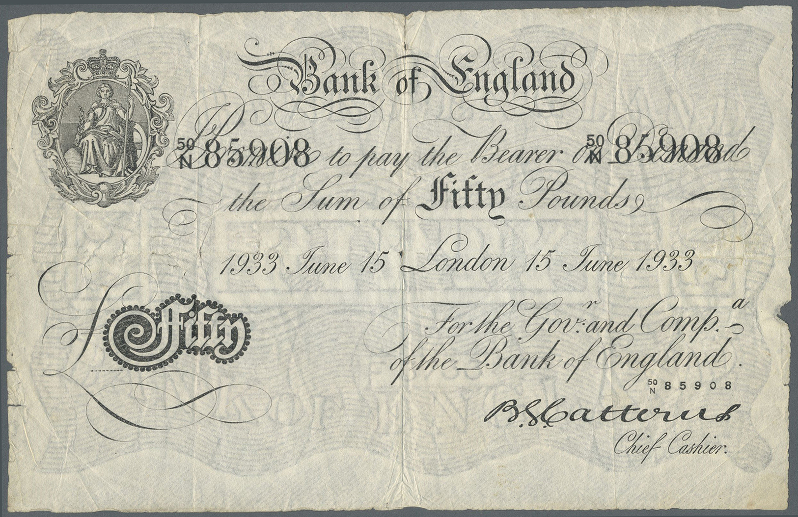 00931 Great Britain / Großbritannien: 50 Pounds 1933 Operation Bernhard Note In Used Condition With Several Folds And Mi - Other & Unclassified