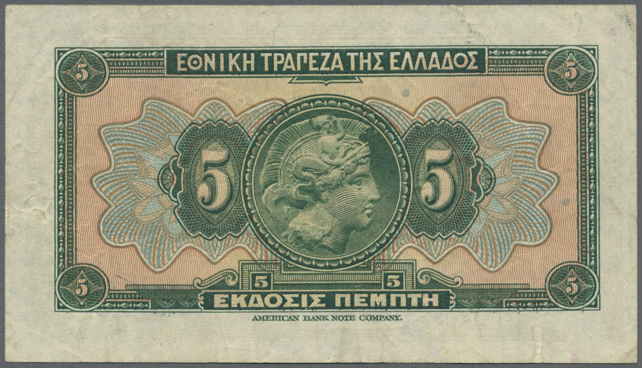 00935 Greece / Griechenland: 5 Drachmai 1923, P.73, Nice And Attractive Note With Slightly Stained Paper And Several Fol - Greece