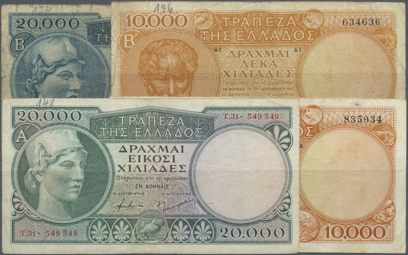 00944 Greece / Griechenland: Set With 4 Banknotes 20.000 Drachmai ND(1947) P.179b (F), 2 X 10.000 Drachmai December 29th - Greece