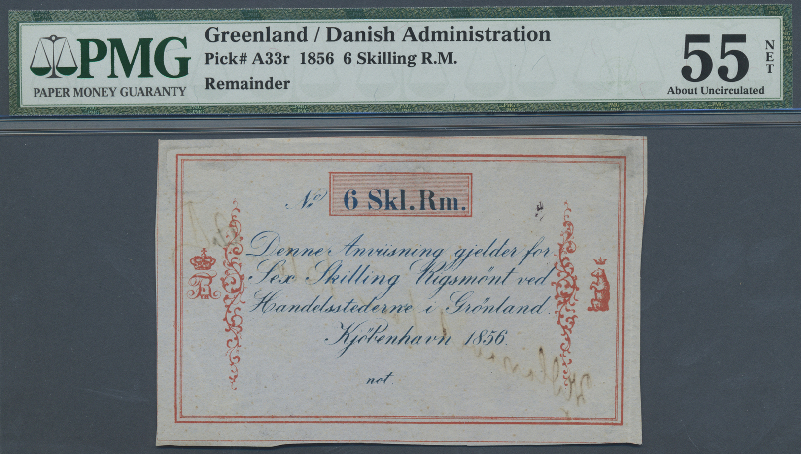 00946 Greenland / Grönland: 6 Skilling 1856 Remainder P. A33r, Rare Note And Probably Unique As PMG Graded In Condition: - Greenland