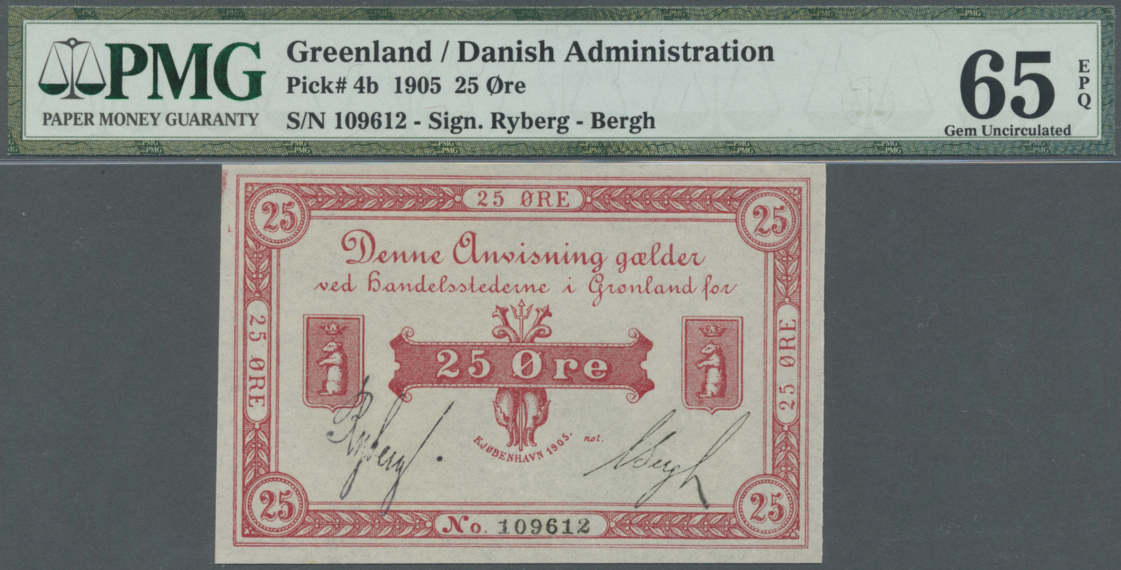 00948 Greenland / Grönland: 25 Oere 1905 P. 4b, Condition: PMG Graded 65 Gem UNC EPQ. - Greenland