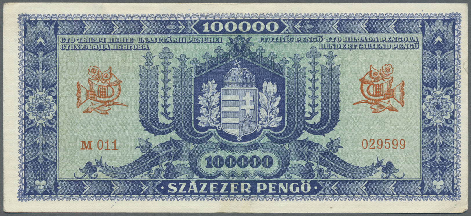 01014 Hungary / Ungarn: 100.000 Pengö 1945 With Adhesive Stamp At Upper Right, P.120b, Vertically Folded, Some Other Min - Hungary