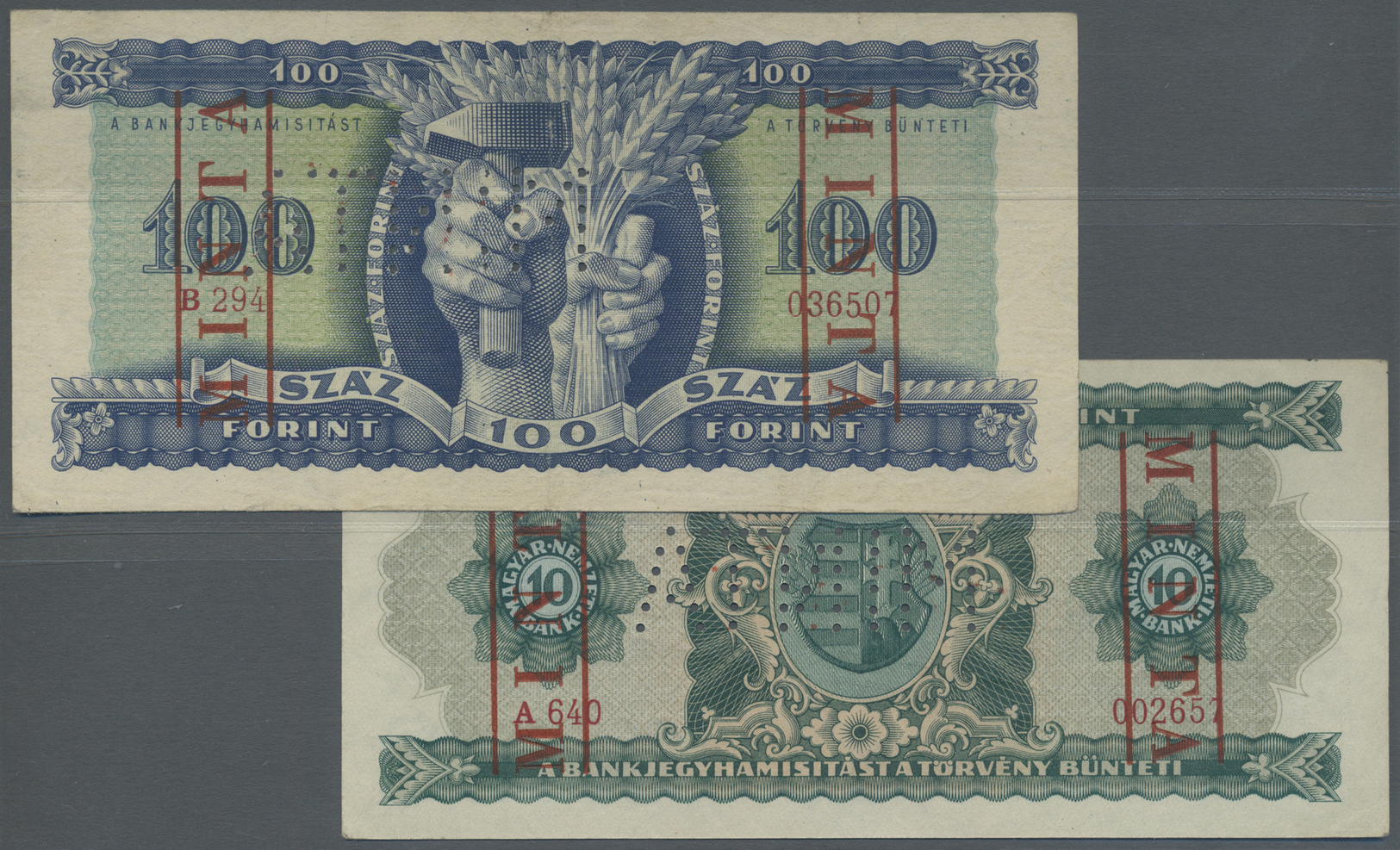 01017 Hungary / Ungarn: Pair With 10 And 100 Forint 1946 Specimen, P.159s, 160s, Both With Perforation And Red Ovpt. "MI - Hungary