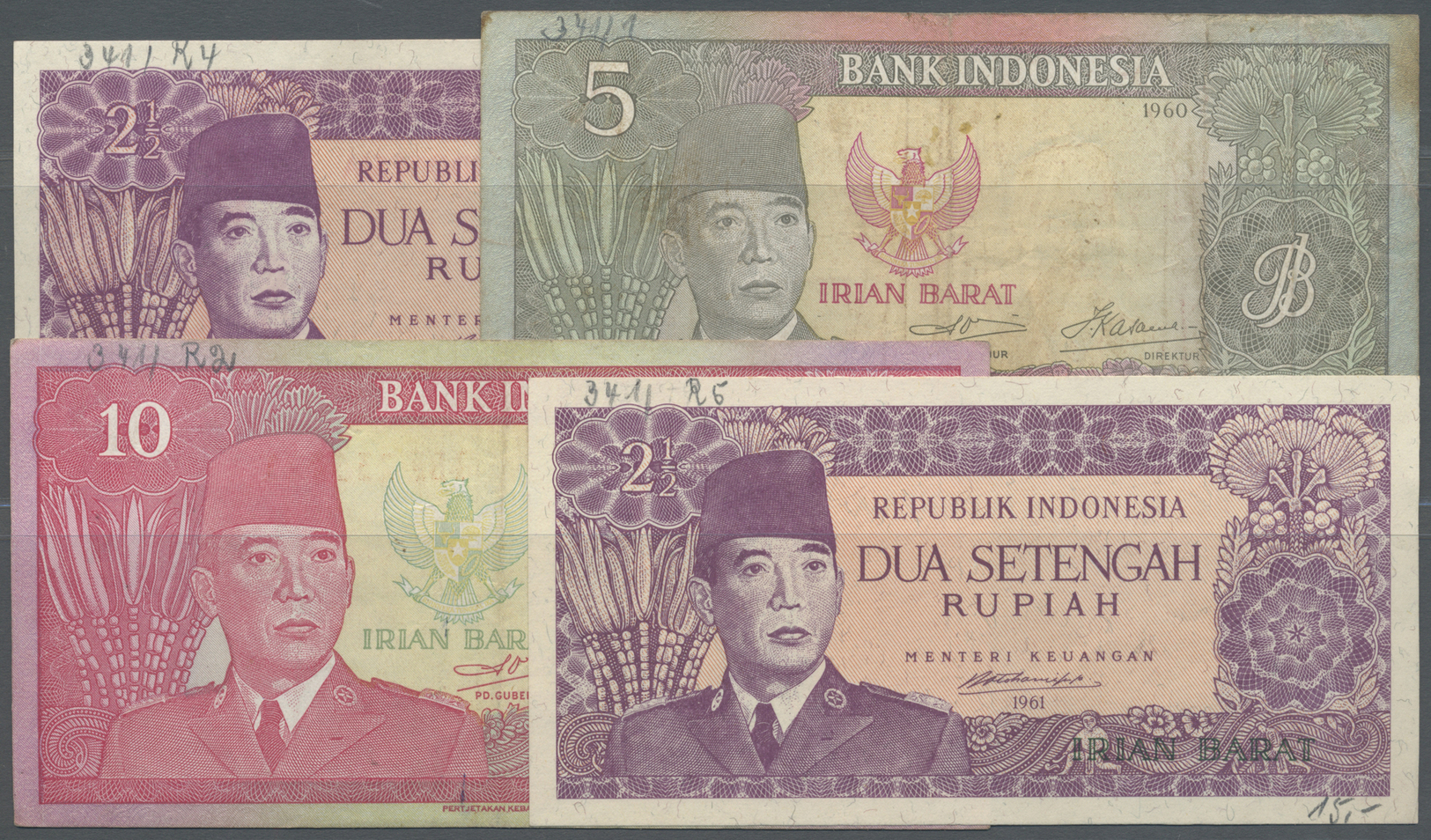 01156 Indonesia / Indonesien: Set With 4 Banknotes Irian Barat (Western New Guinea) Containing 2 X 2 1/2, 5 And 10 Rupia - Indonesia