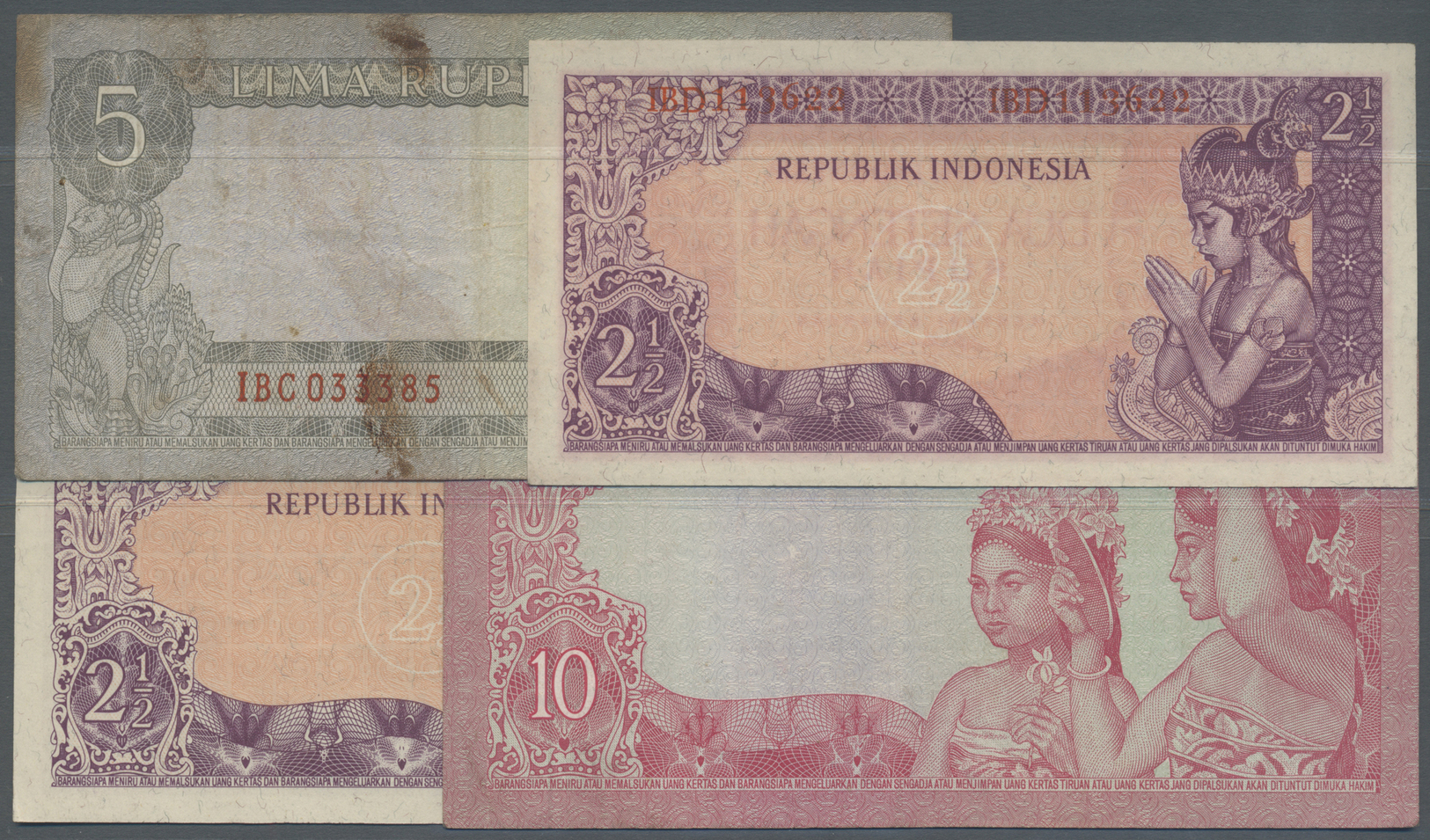 01156 Indonesia / Indonesien: Set With 4 Banknotes Irian Barat (Western New Guinea) Containing 2 X 2 1/2, 5 And 10 Rupia - Indonesia