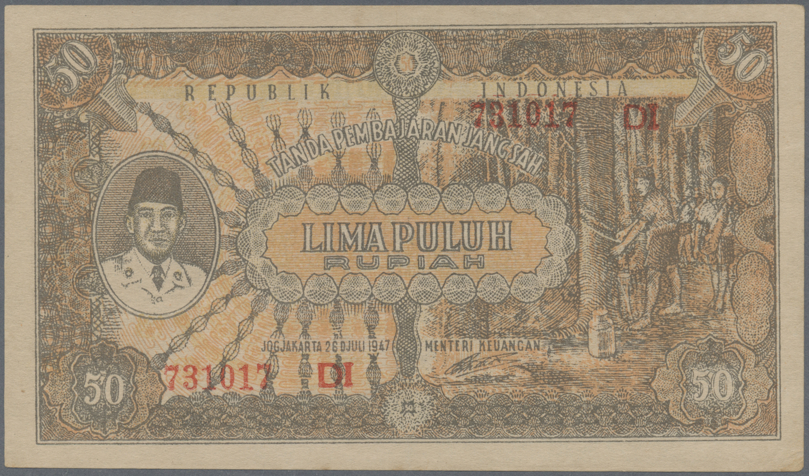 01160 Indonesia / Indonesien: 50 Rupiah 1947, P.28, Highly Rare Note In Great Condition, Lightly Toned Paper And Very So - Indonésie