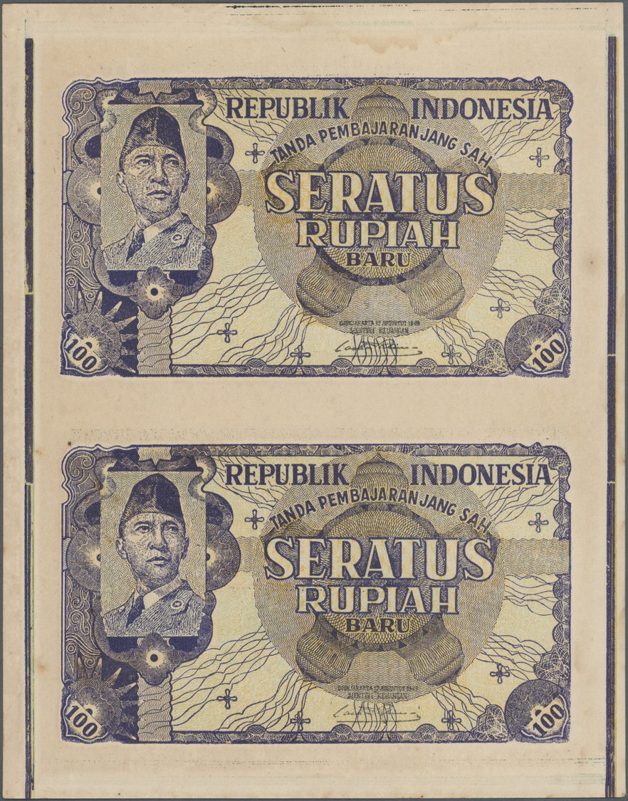 01163 Indonesia / Indonesien: Uncut Sheet Of 2 Notes 100 Rupiah Baru 1949 P. 35G, Remainders Without Serial Numbers, Unf - Indonesia