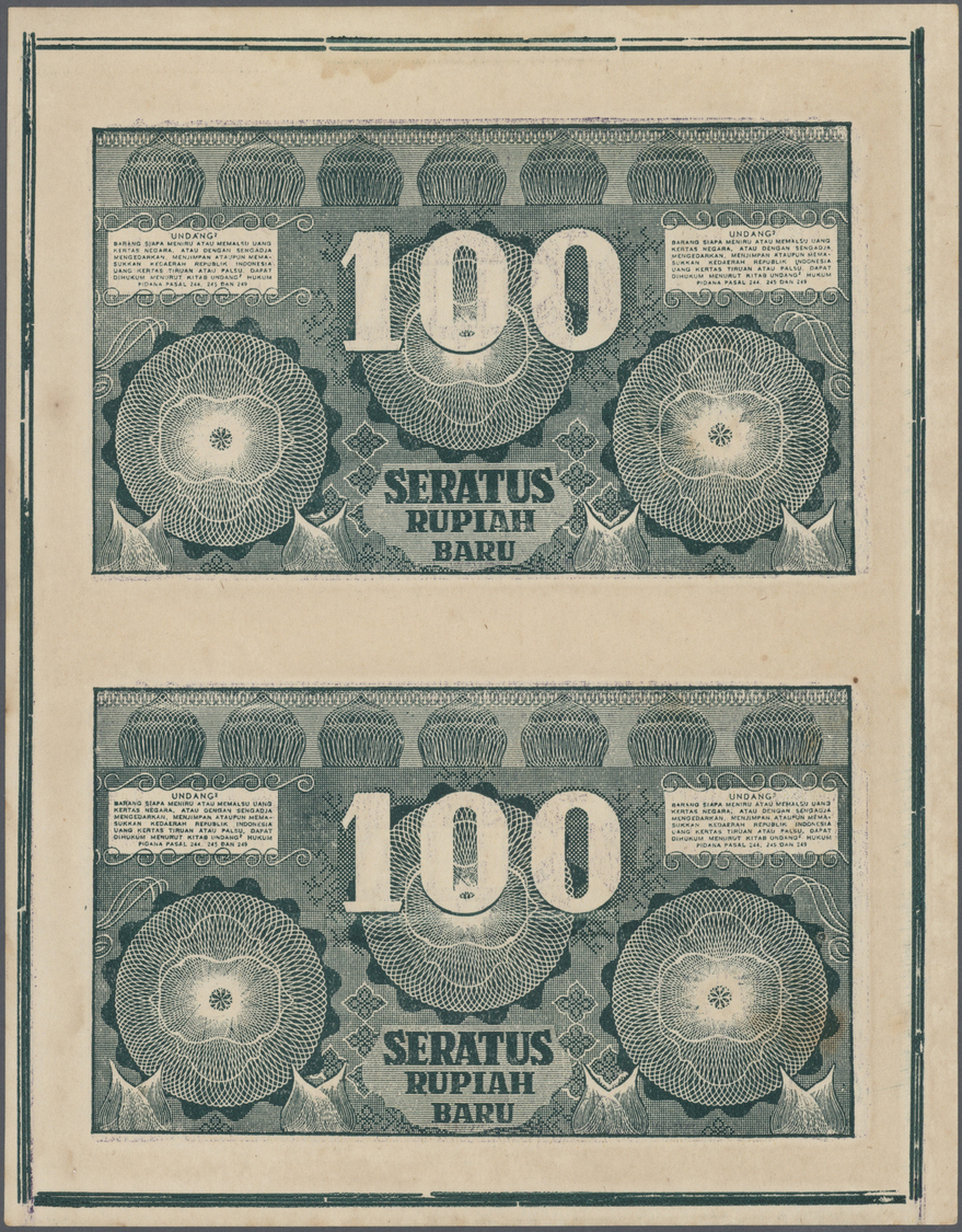 01163 Indonesia / Indonesien: Uncut Sheet Of 2 Notes 100 Rupiah Baru 1949 P. 35G, Remainders Without Serial Numbers, Unf - Indonesia