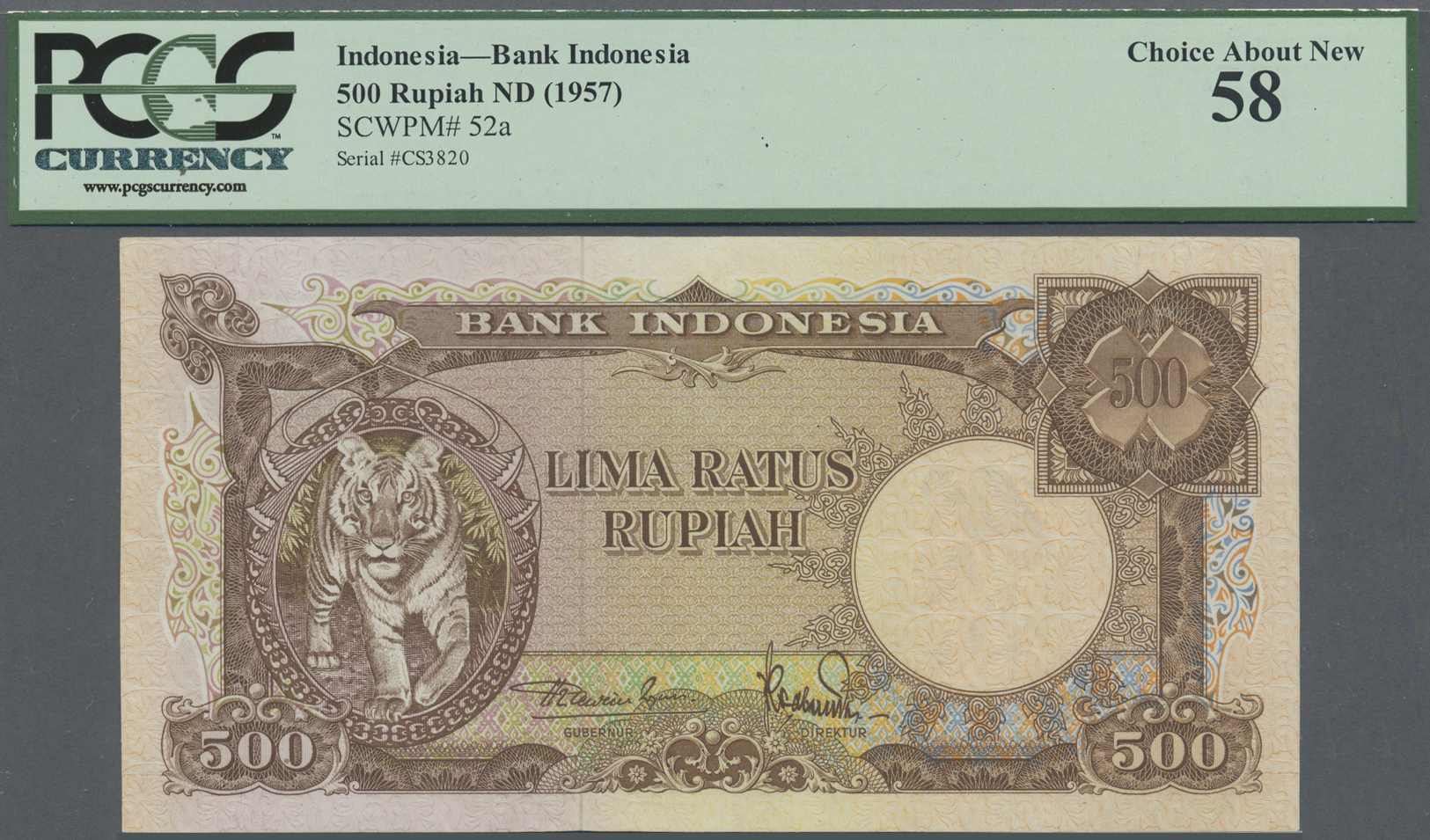 01167 Indonesia / Indonesien: 500 Rupiah ND(1957) P. 52a, PCGS Graded 58 Choice About New. - Indonesia
