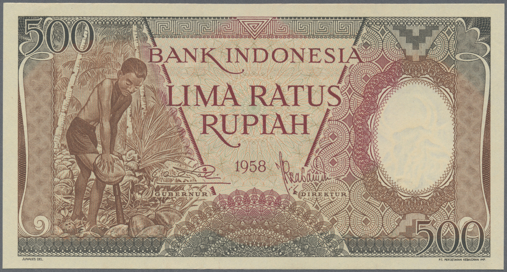 01170 Indonesia / Indonesien: 500 Rupiah 1958, P.60, Tiny Dint At Upper Left Corner, Otherwise Perfect. Condition: AUNC/ - Indonesia