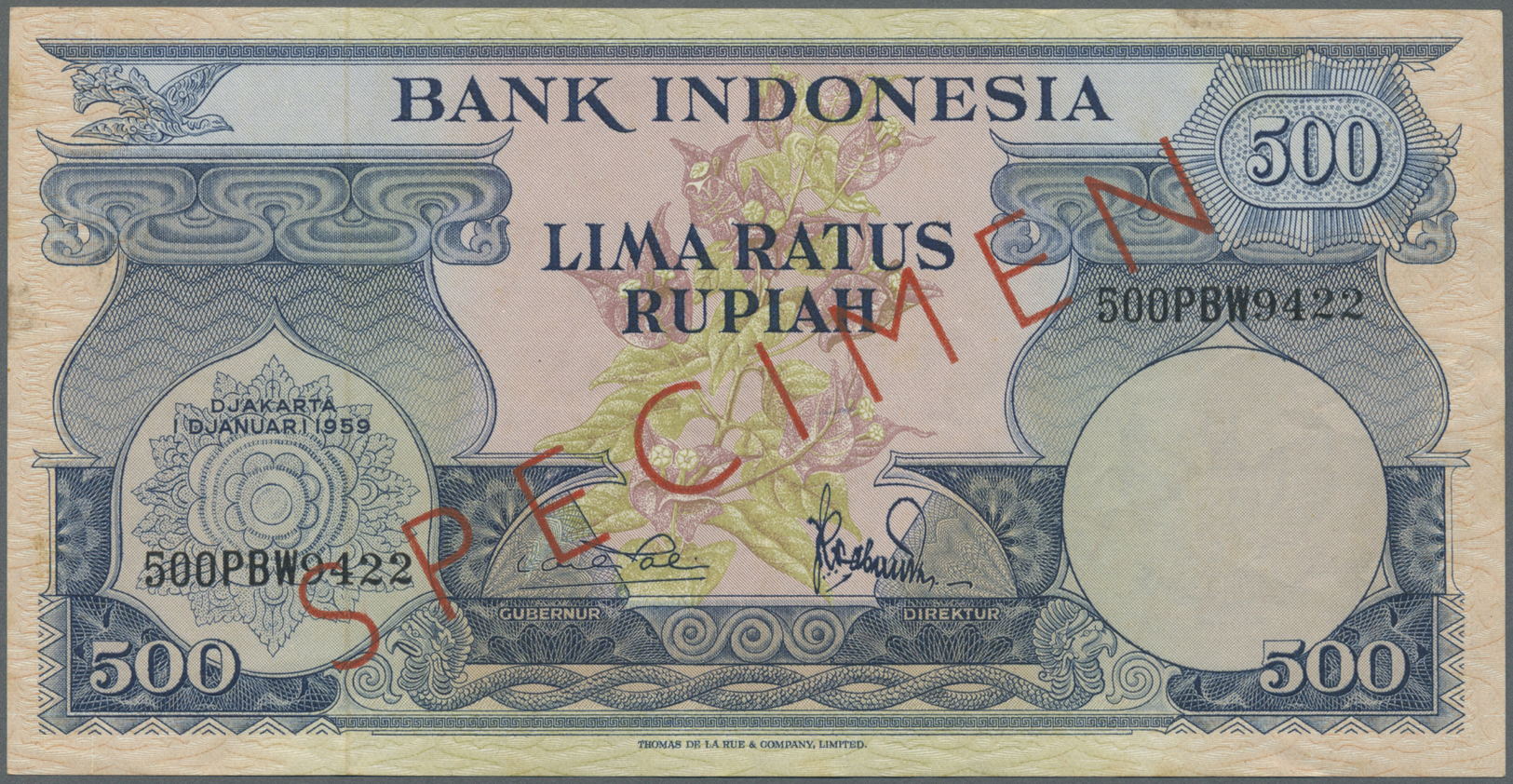 01172 Indonesia / Indonesien: 500 Rupiah 1959 Specimen P. 70s, Light Folds In Paper, Condition: VF+. - Indonesia