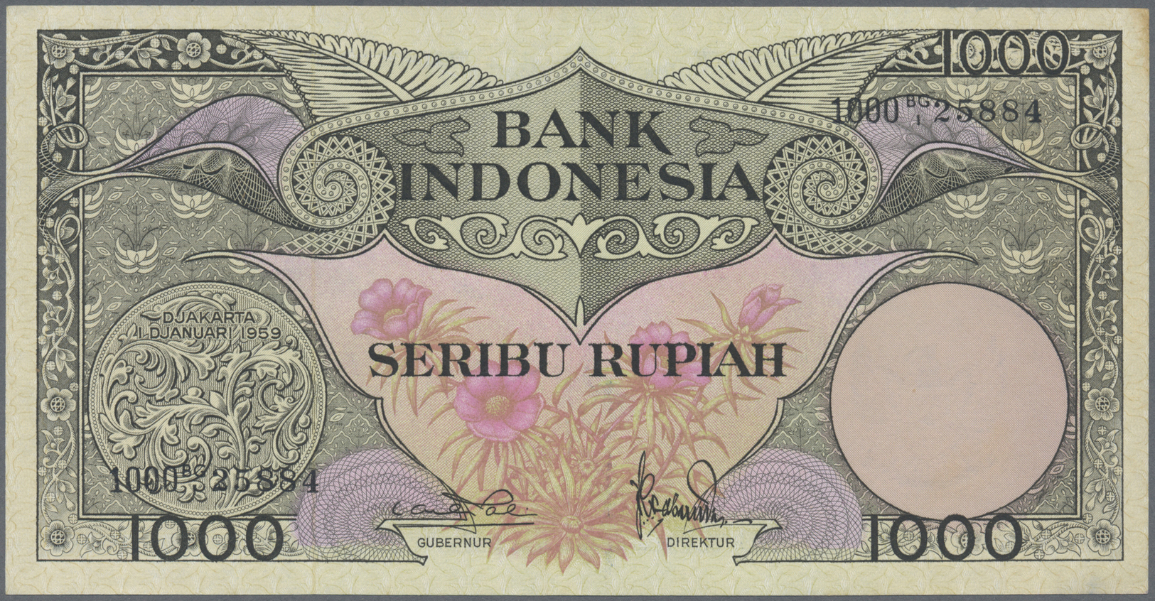 01173 Indonesia / Indonesien: 1000 Rupiah 1959, P.71b Without Printers Name, Almost Perfect Condition With A Tiny Spot A - Indonesia