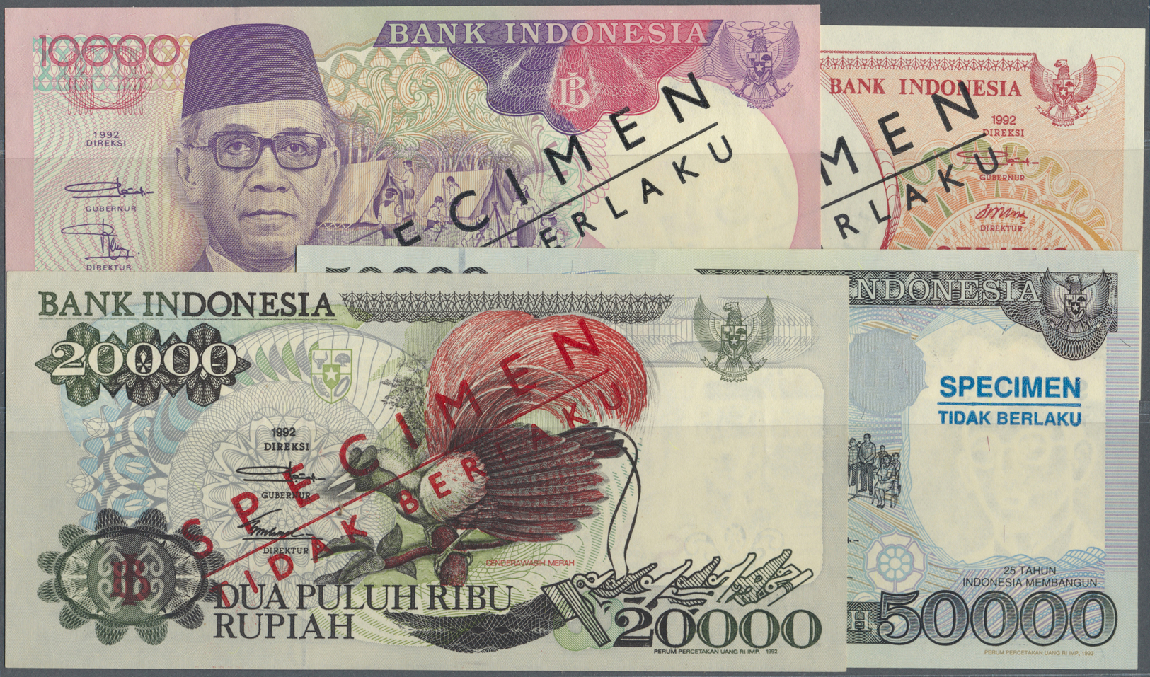 01179 Indonesia / Indonesien: Set Of 7 SPECIMEN Banknotes Containing 100, 500, 1000, 5000, 10.000, 20.000 And 50.000 Rup - Indonesia