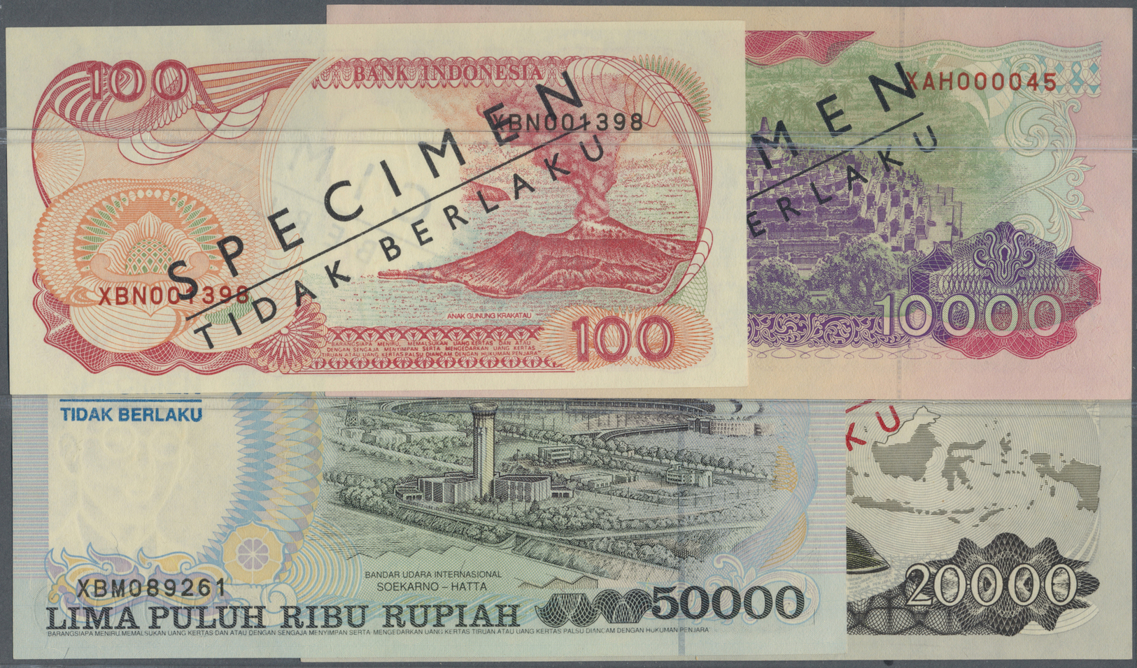 01179 Indonesia / Indonesien: Set Of 7 SPECIMEN Banknotes Containing 100, 500, 1000, 5000, 10.000, 20.000 And 50.000 Rup - Indonesia