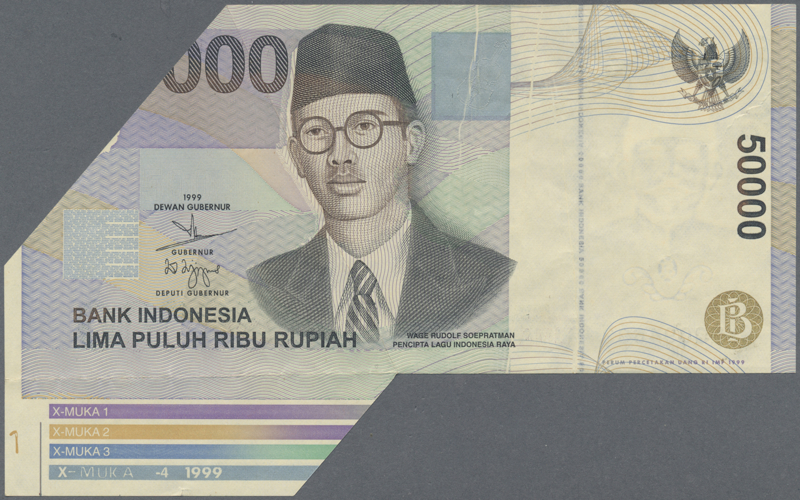 01182 Indonesia / Indonesien: 50.000 Rupiah 1999, P.139a Miscut, Upper Left Part Of The Note Is Missing, But The Lower F - Indonesia