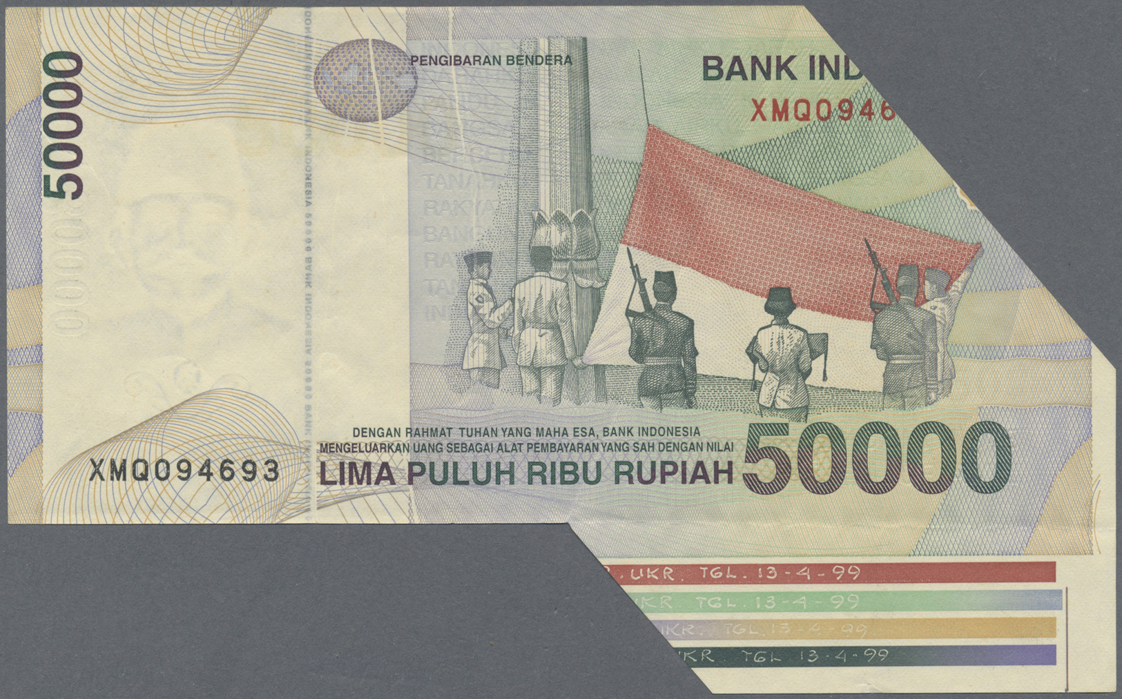 01182 Indonesia / Indonesien: 50.000 Rupiah 1999, P.139a Miscut, Upper Left Part Of The Note Is Missing, But The Lower F - Indonesia