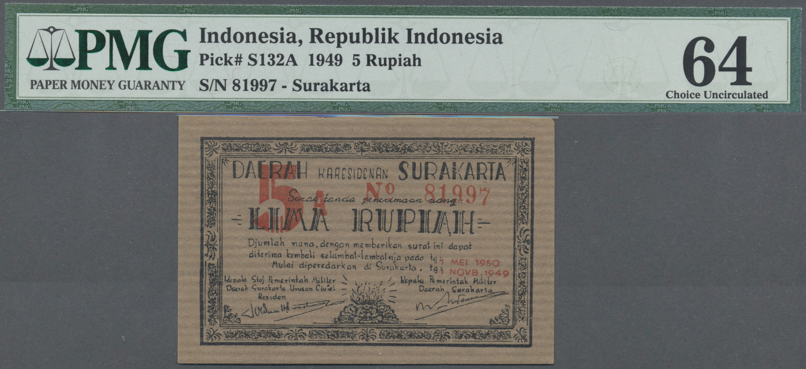 01183 Indonesia / Indonesien: Surakarta 5 Rupiah 1949, P.S132A In Exceptional Great Condition, PMG Graded 64 Choice Unci - Indonesia