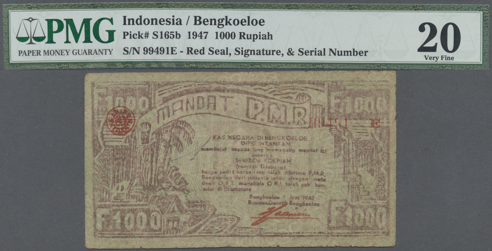 01184 Indonesia / Indonesien: Central Treasury Of Bengkoeloe 1000 Rupiah 1947, P.S165b With Many Folds And Creases, Ligh - Indonesia