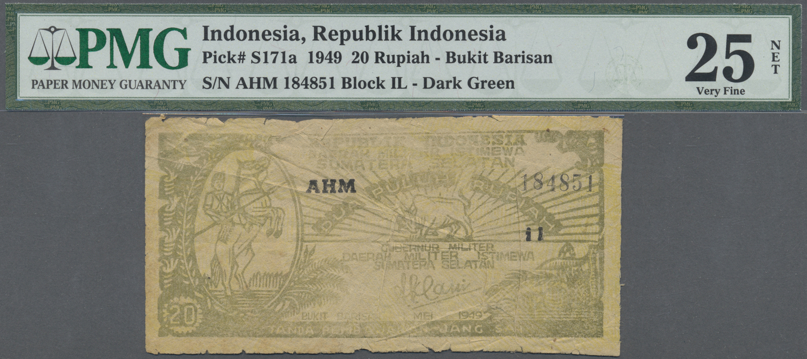 01185 Indonesia / Indonesien: Bukit Barisan 20 Rupiah 1949, P.S171a In Well Worn Condition With Some Edge Damages And Sm - Indonesia