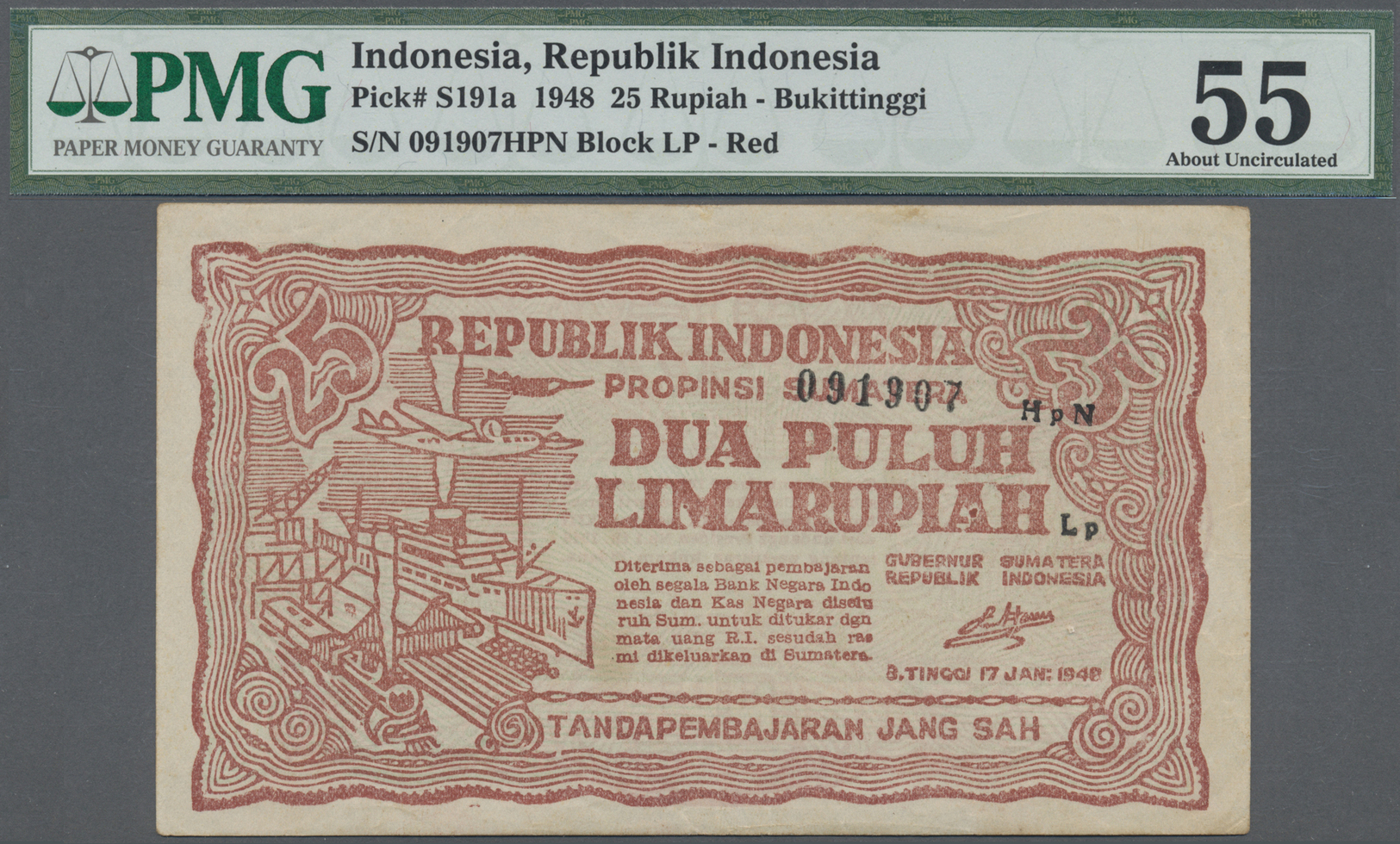 01188 Indonesia / Indonesien: 25 Rupiah 1948 Governor Of Bukittinggi, Sumatra, P.S191a, Great Condition With Vertical Fo - Indonesia